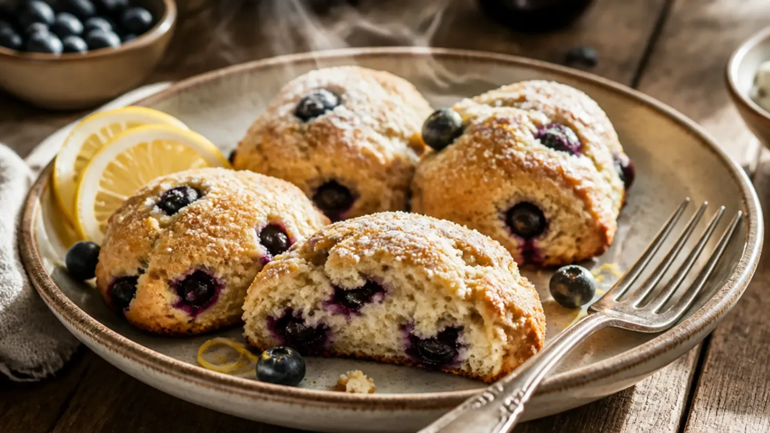 Overhead shot of glazed lemon blueberry scones stacked on a wire rack with fresh lemons and blueberries scattered alongside