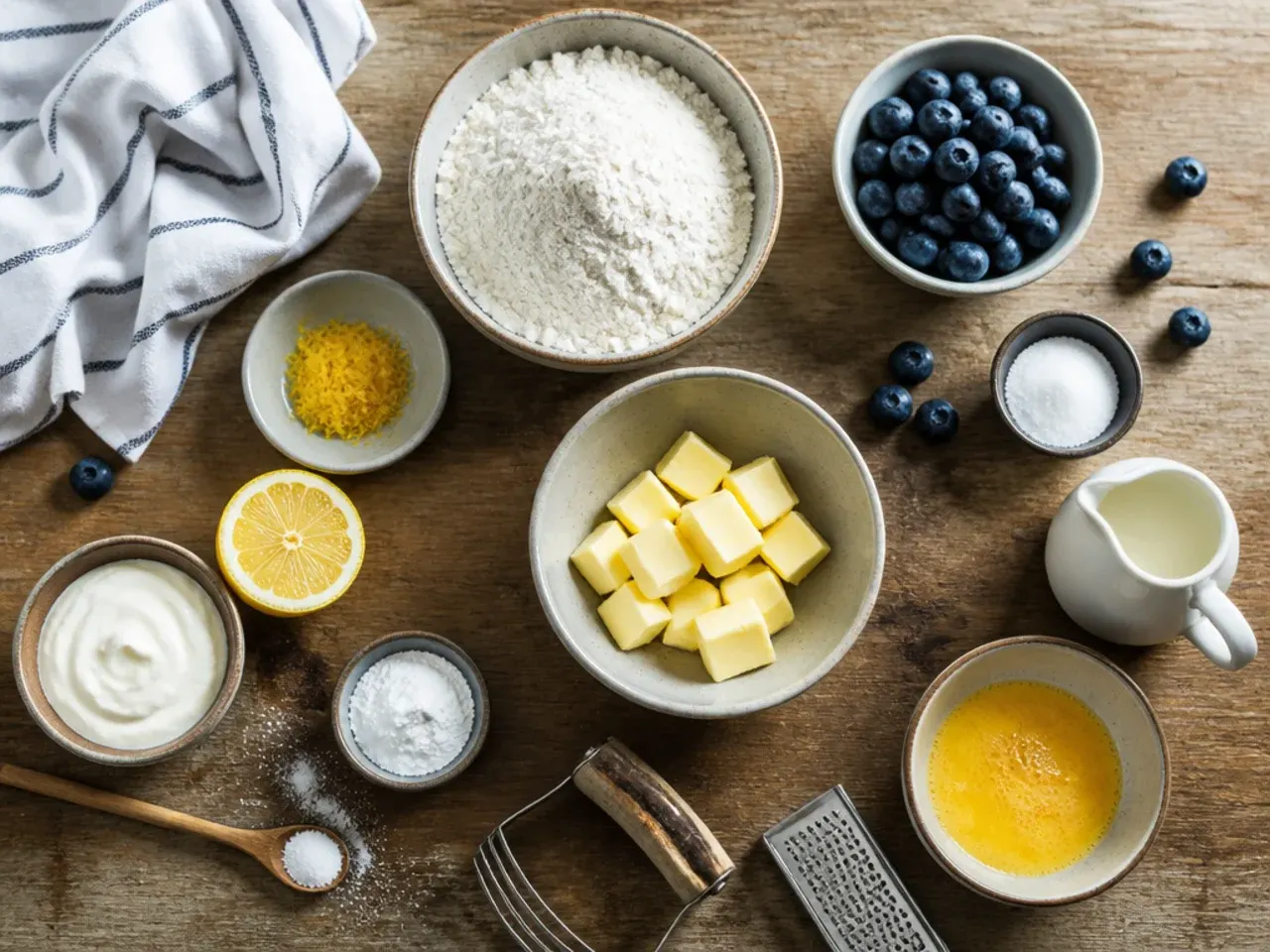 Close-up of hands rubbing cold butter and lemon zest into flour in a mixing bowl