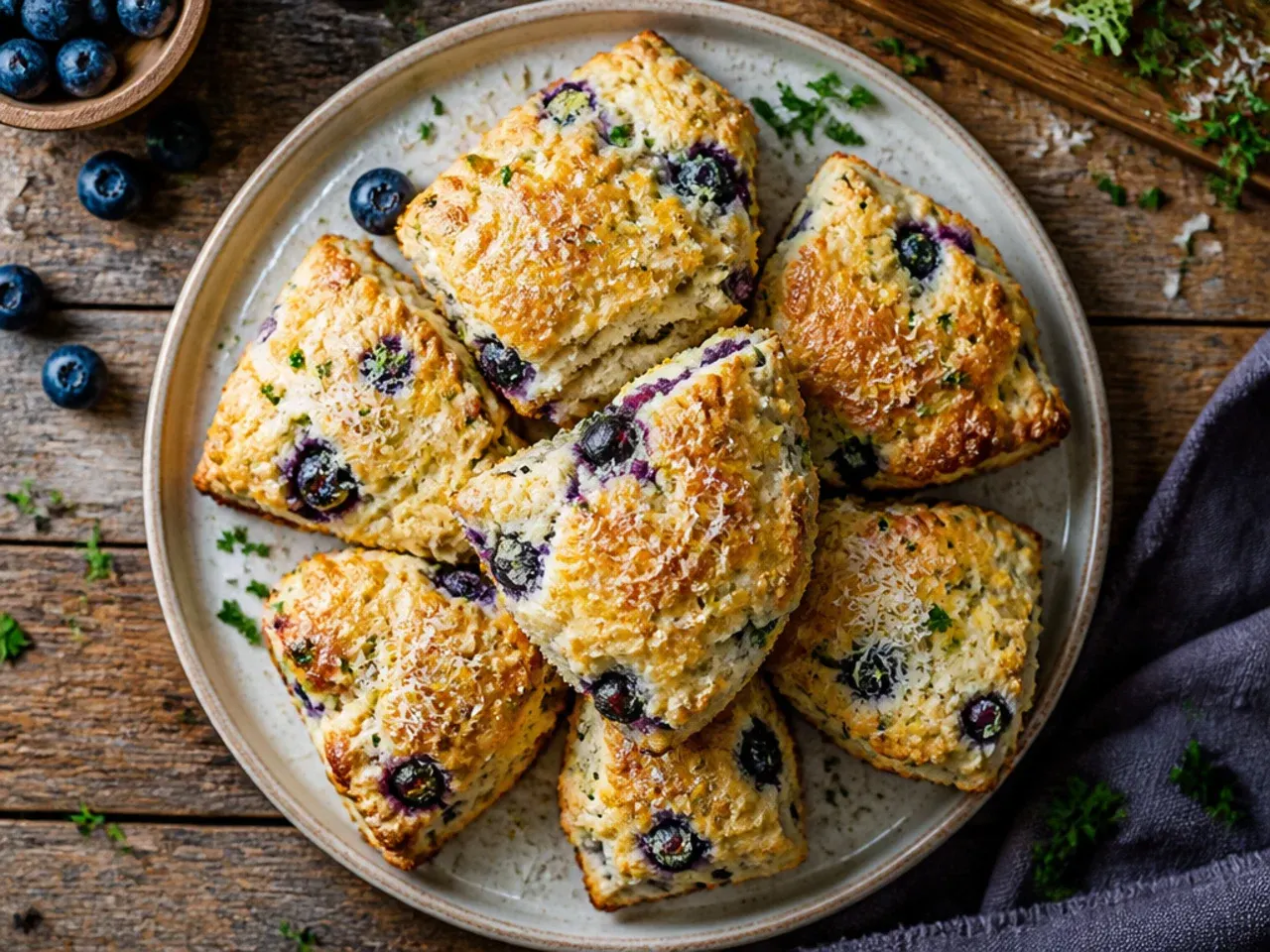 Unbaked lemon blueberry scone wedges arranged on a tray ready for the freezer