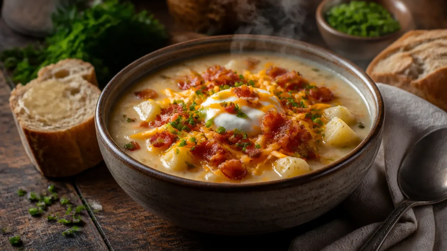 Bowl of loaded baked potato soup topped with crispy bacon, melted cheddar, soured cream and spring onions
