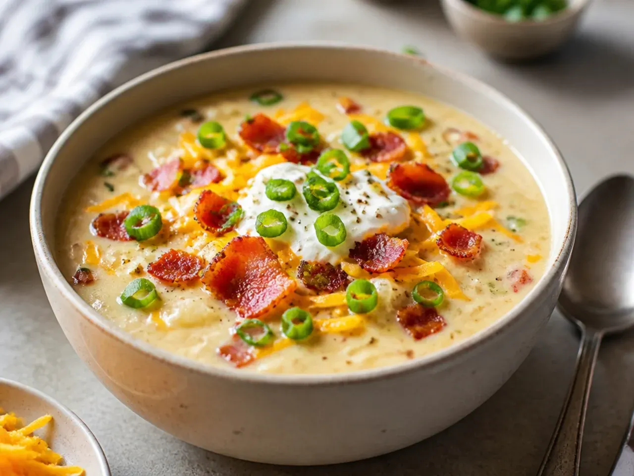 Bowl of loaded baked potato soup topped with bacon, cheddar and spring onions