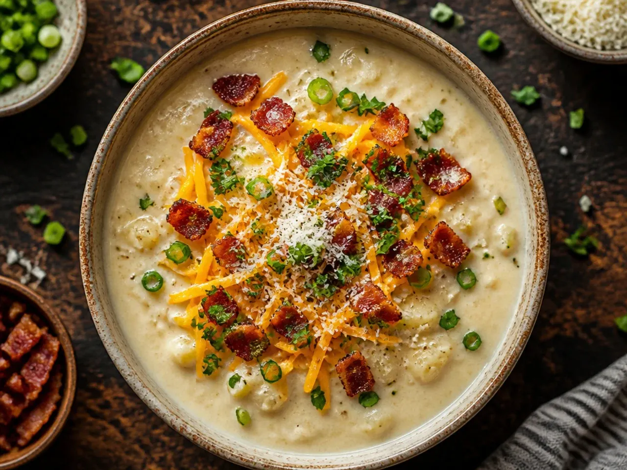 Classic loaded baked potato soup in a white bowl with cheddar and bacon bits