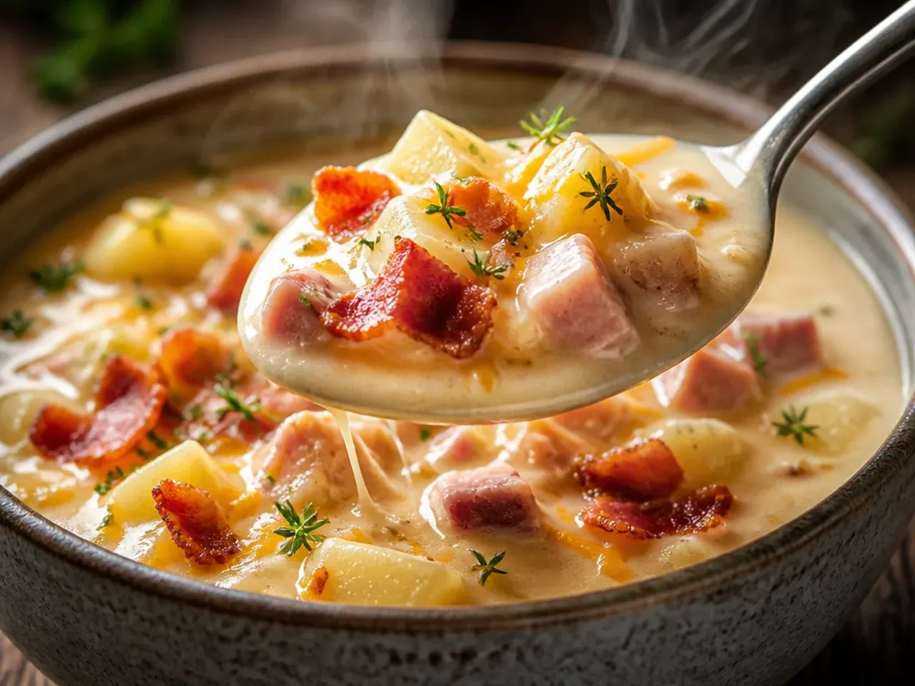 Hearty ham and potato soup with chunks of smoked ham