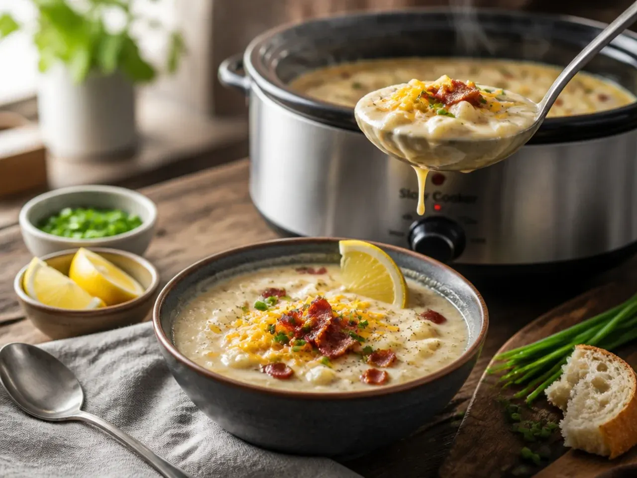 Slow cooker filled with loaded potato soup