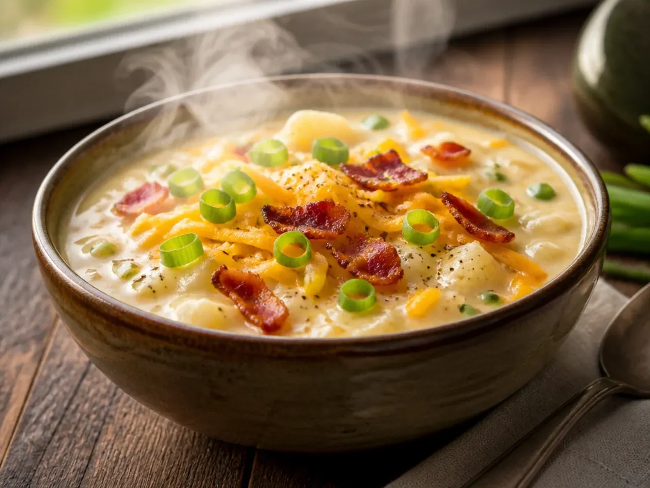 Extra creamy potato soup with cream cheese swirl