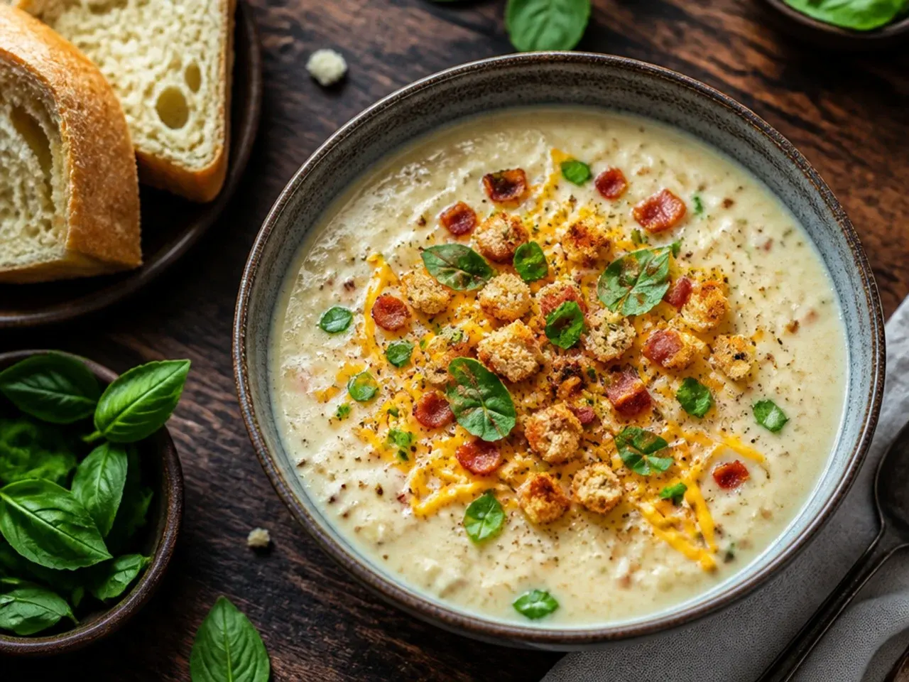 Simple six-ingredient potato soup in a rustic bowl