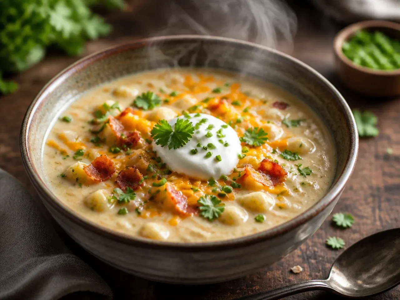 Three-cheese loaded potato soup with melted cheddar and Gruyère