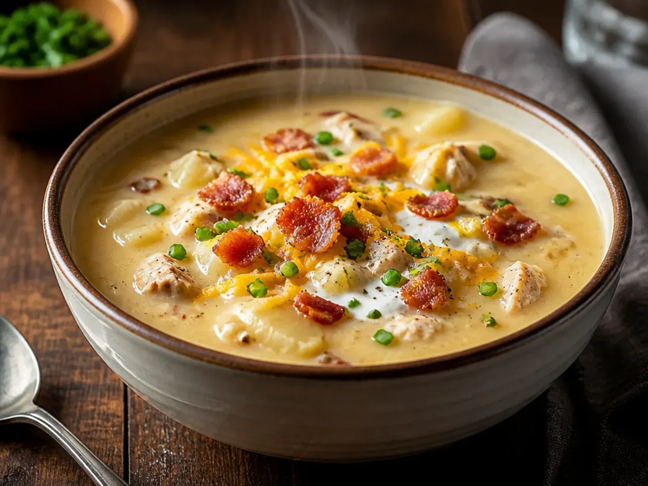 Comforting chicken and potato soup with shredded chicken