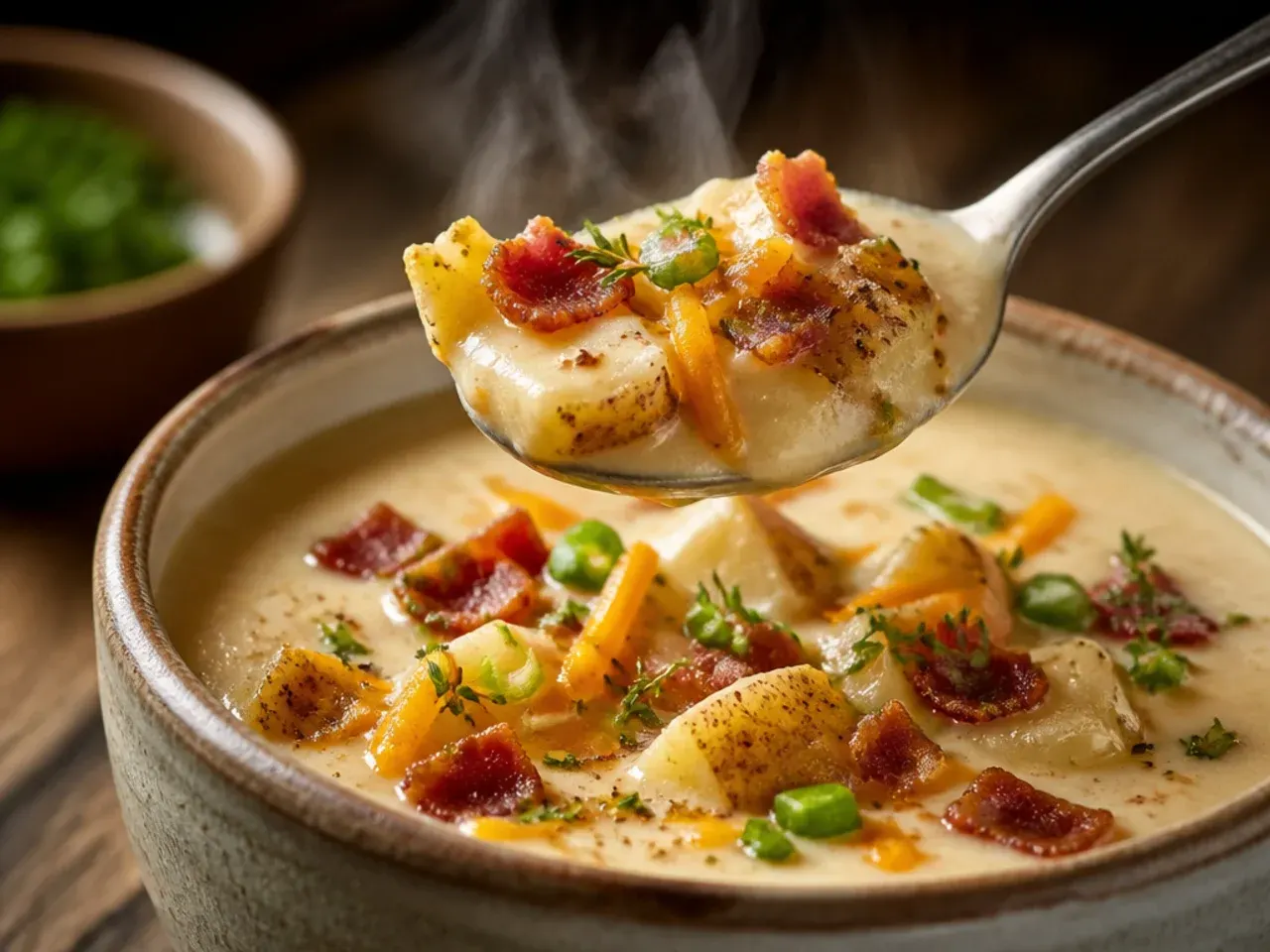 Rustic chunky potato soup with skin-on potato pieces