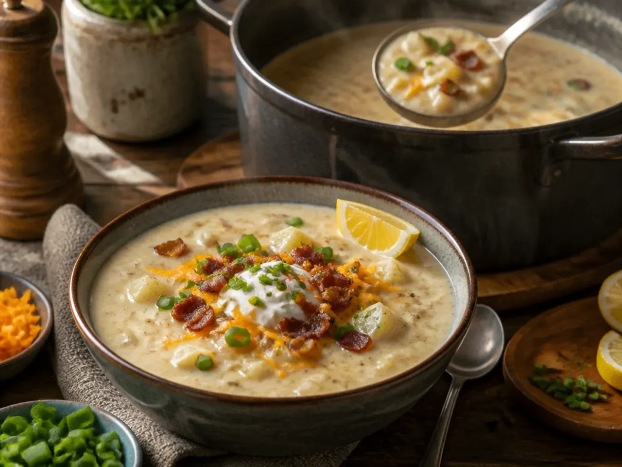 Fully loaded baked potato soup with every topping piled on top