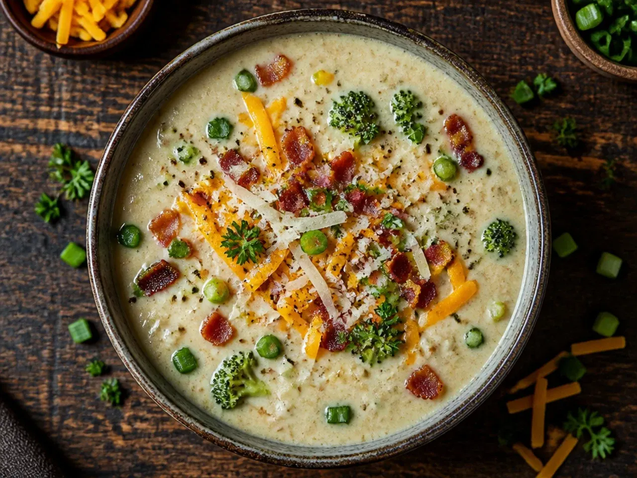 Broccoli cheddar potato soup with bright green florets