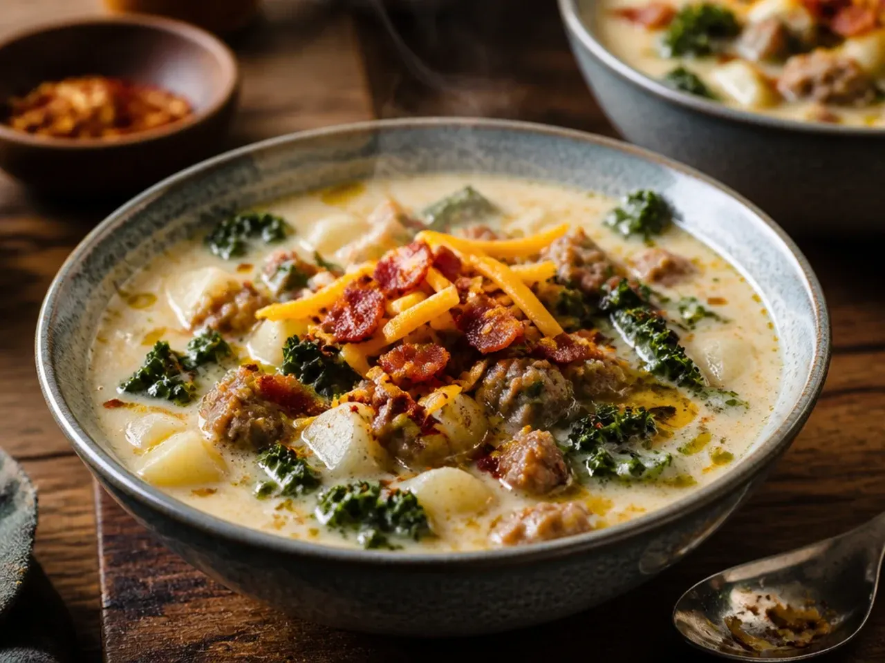 Hearty sausage and kale potato soup in a rustic bowl