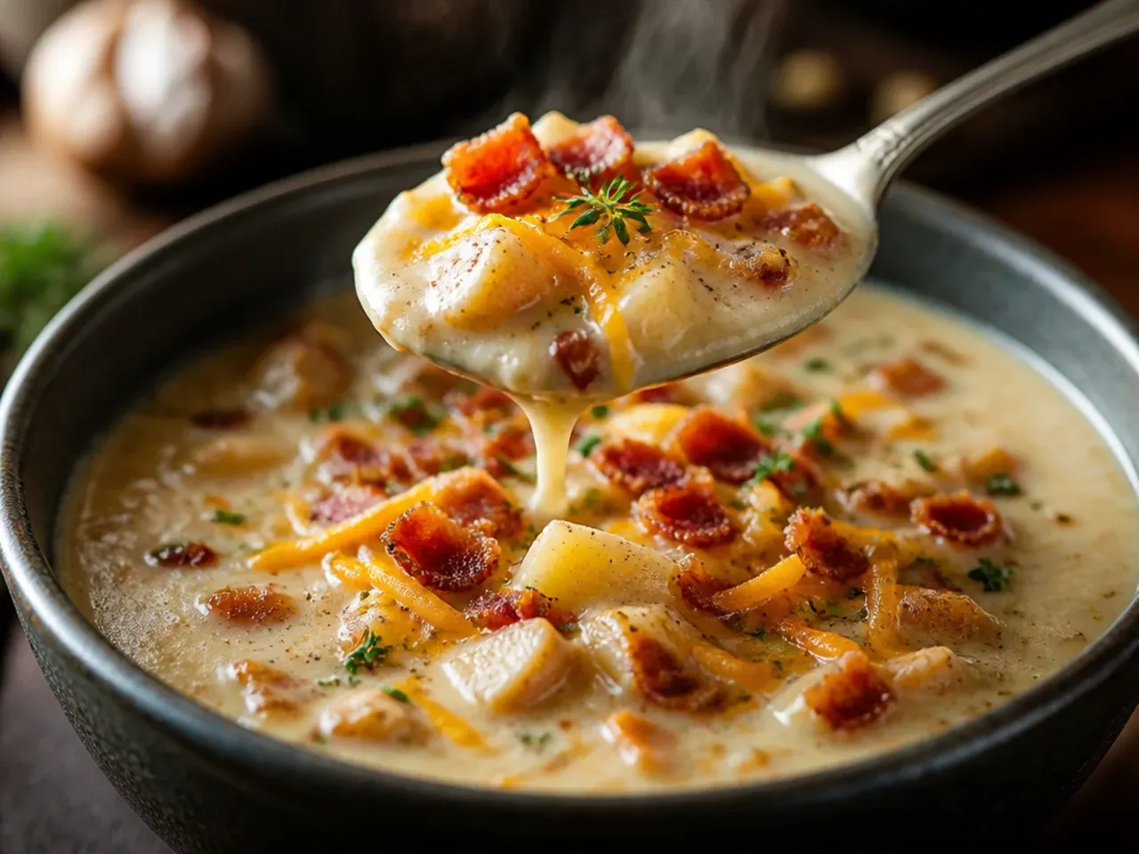 Cozy roasted garlic potato soup with soft garlic cloves