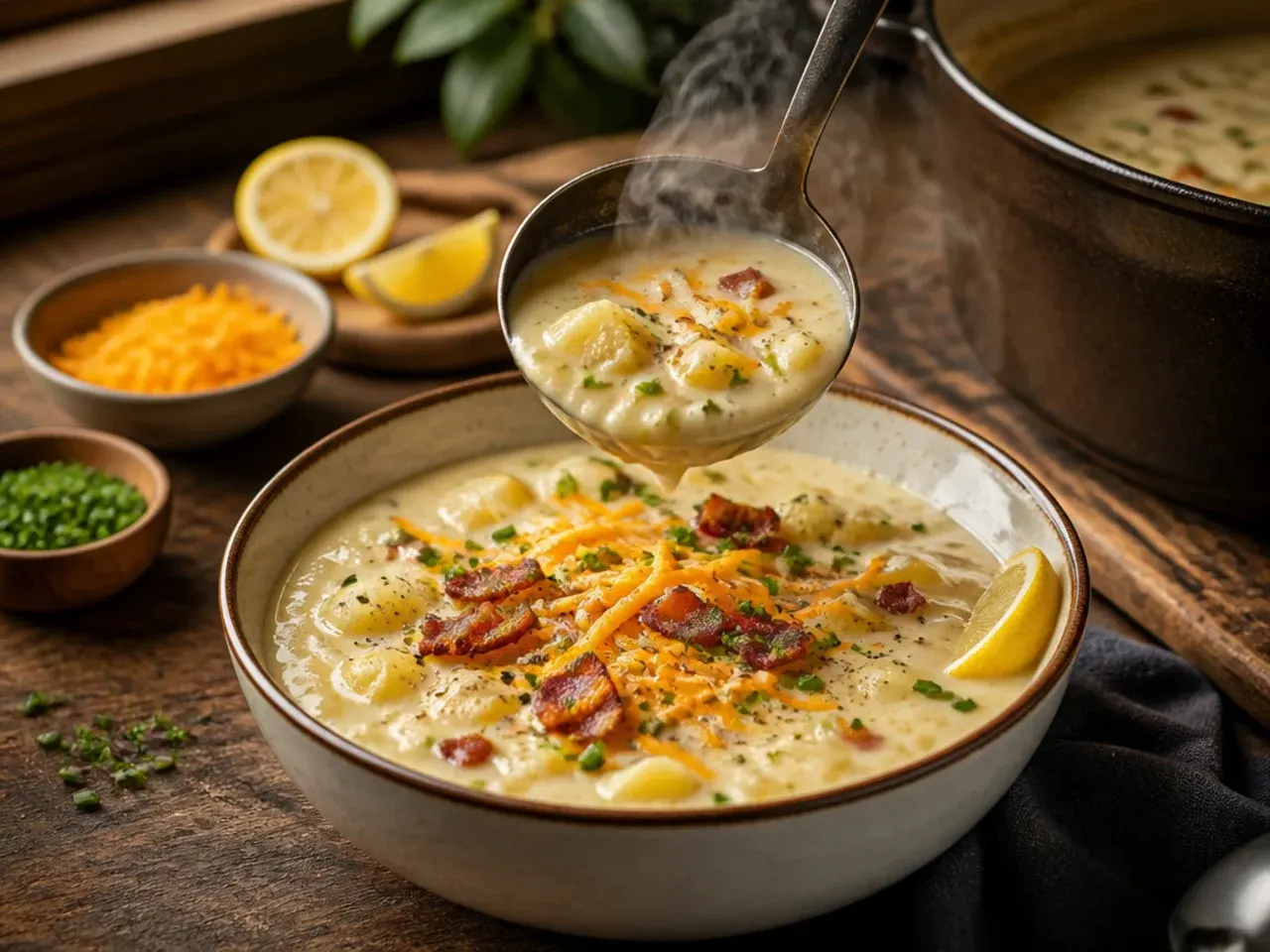 Vegetarian loaded potato soup topped with crispy onions