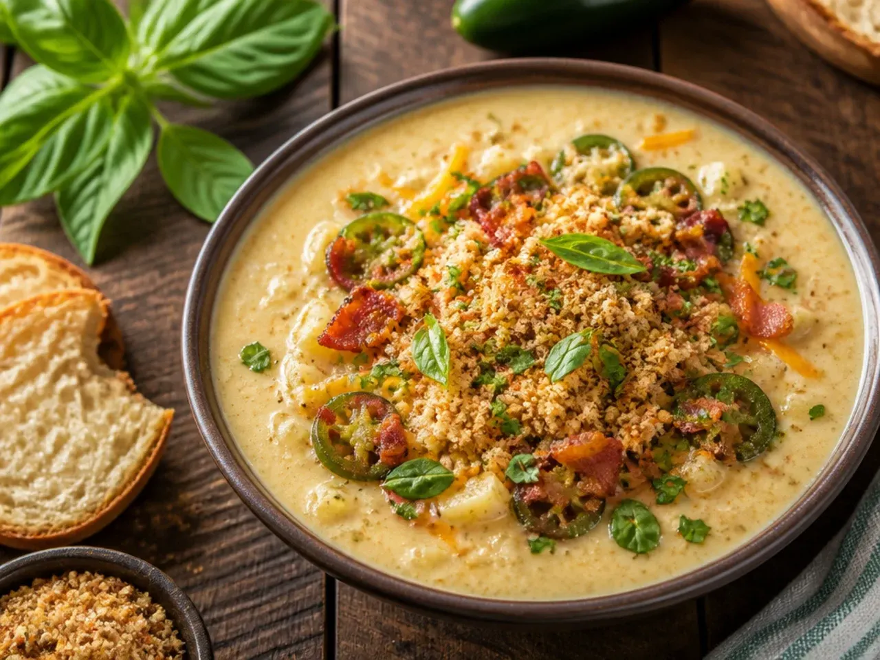 Cheesy jalapeño popper potato soup with pepper jack cheese