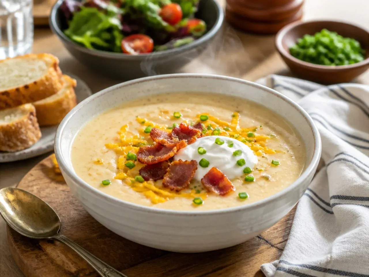 Bowl of loaded baked potato soup served with crusty bread