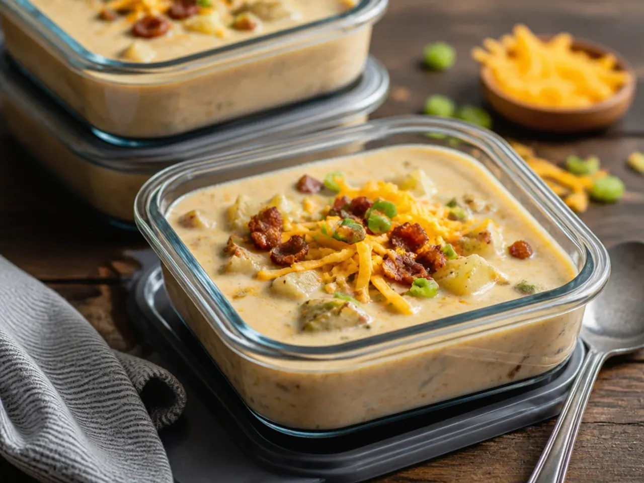Container of leftover loaded baked potato soup ready to store