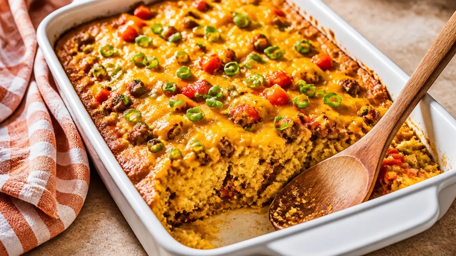 A baking dish of loaded cornbread casserole with a golden cornbread topping, melted cheese and a spoon lifting out a portion