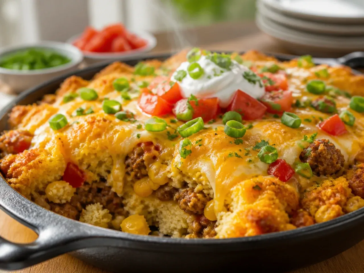 Overhead shot of a loaded cornbread casserole fresh from the oven with melted cheese and steam rising