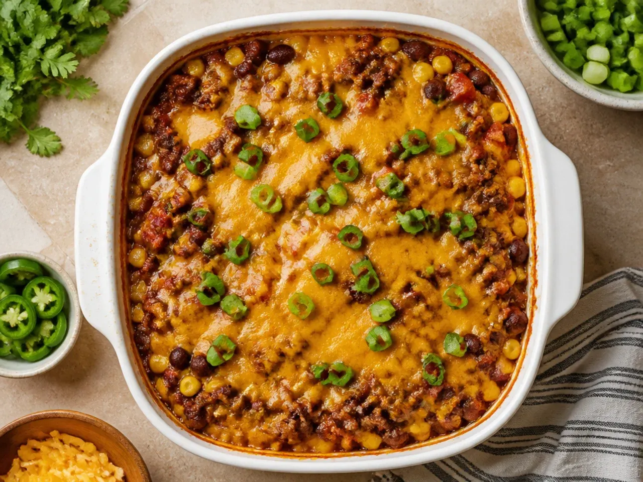 Cross-section slice of classic loaded cornbread casserole showing beef, bean and cheese filling under cornbread