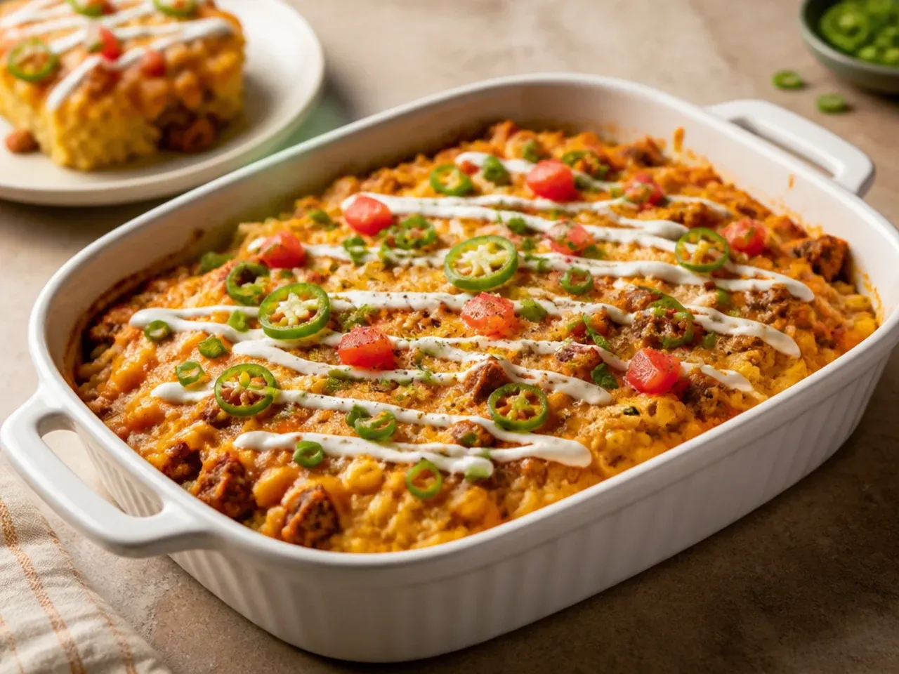 Box cornbread mix batter being poured over a quick beef and salsa filling in a casserole dish