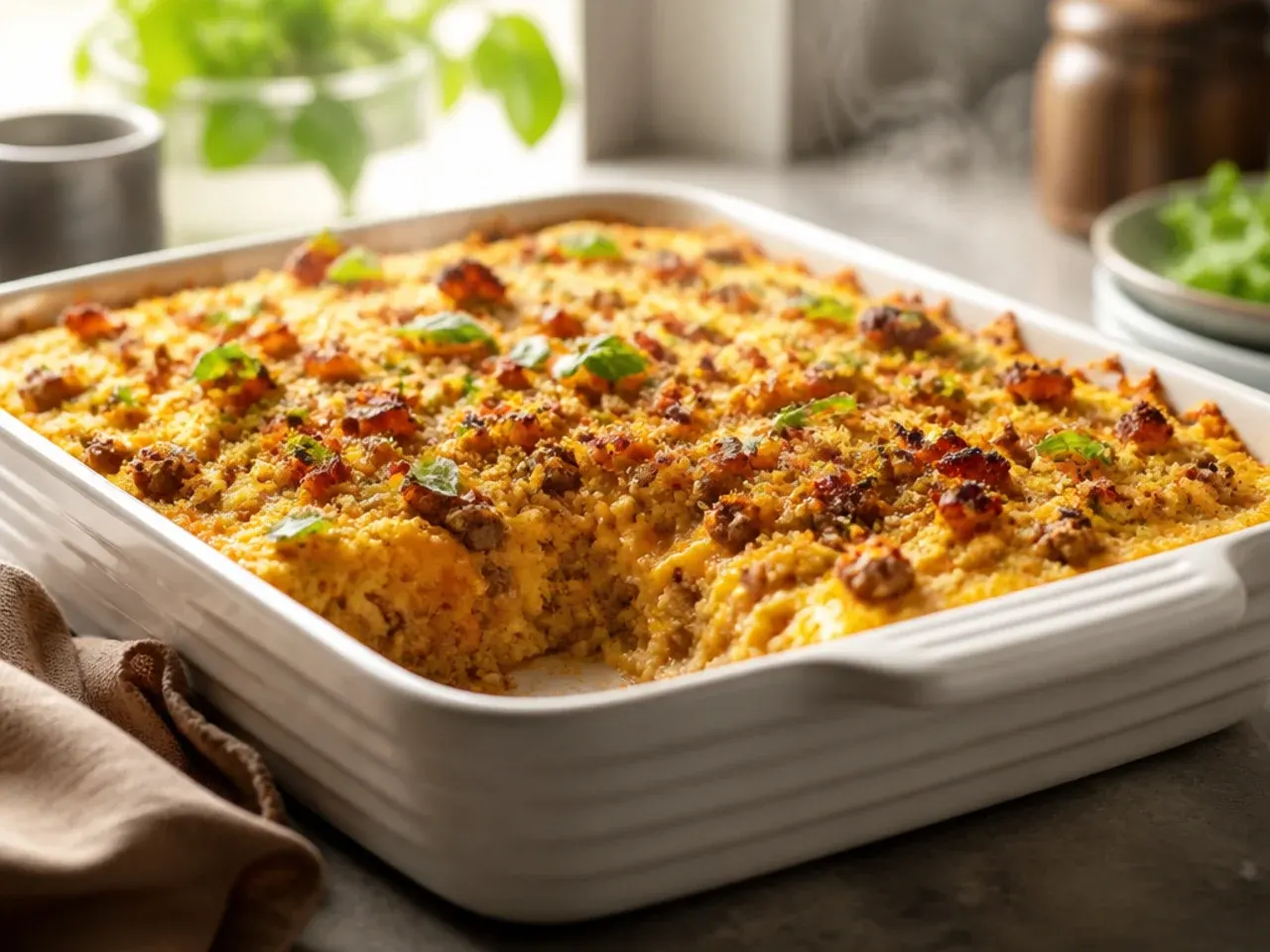 Sour cream being swirled into a beef and corn casserole filling before topping with cornbread batter