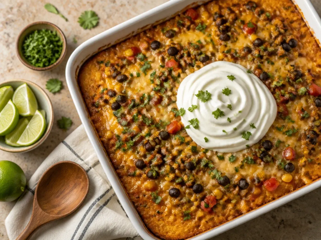 Fully loaded cornbread casserole topped with bacon bits, jalapeño slices, coriander and spring onion
