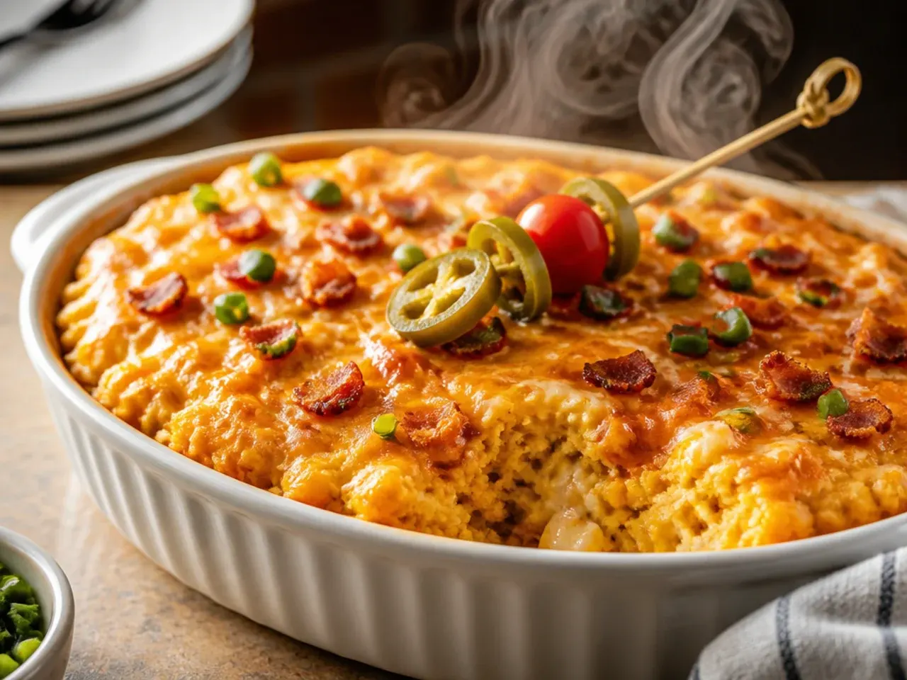 A generous cheese pull as a serving spoon lifts a portion of double-cheese loaded cornbread casserole