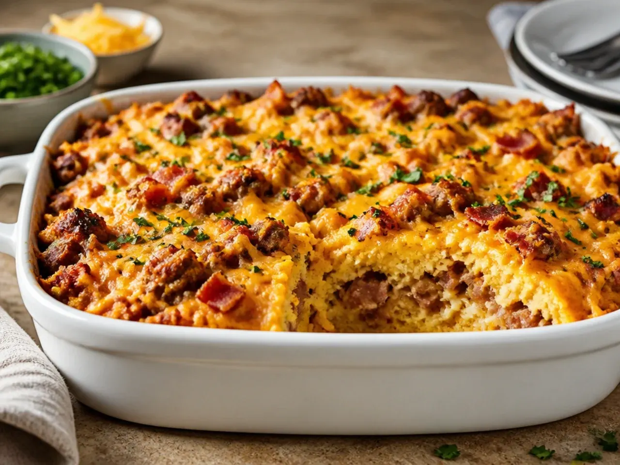 Extra cheesy loaded cornbread casserole with a bubbling, golden cheese-flecked cornbread topping