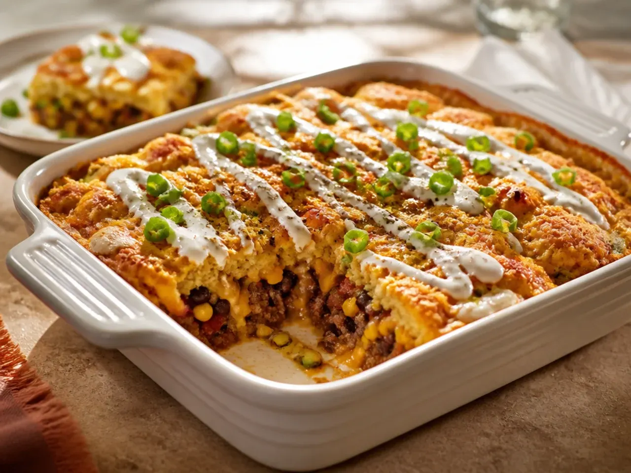 A large sheet pan of loaded cornbread casserole cut into neat squares for a party