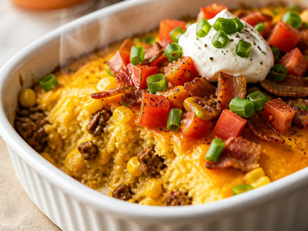 A container of pre-made beef and bean filling next to a bowl of fresh cornbread batter, ready to assemble