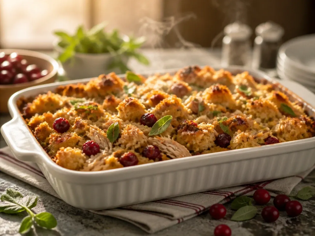 A festive loaded cornbread casserole with shredded turkey, cranberry sauce swirls and pecans on top