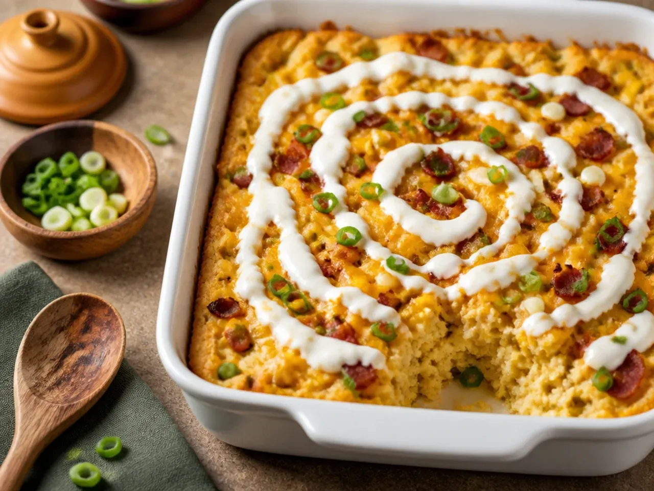 A cast iron skillet loaded cornbread casserole fresh from the oven with a golden crust