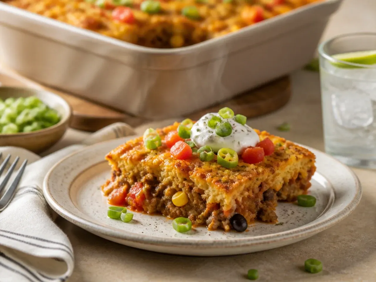 A plated portion of loaded cornbread casserole served with salad, sour cream and avocado slices