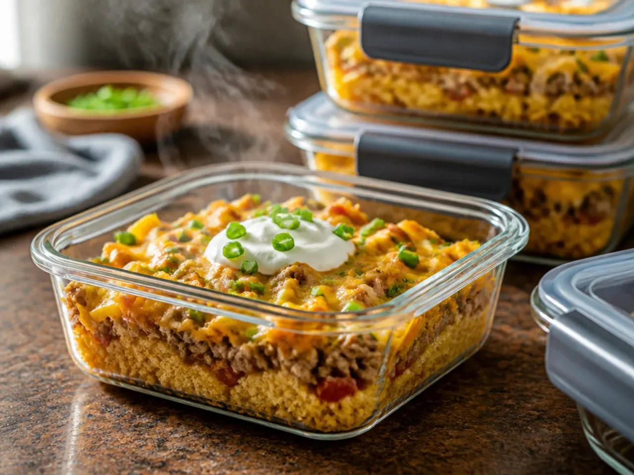 A portion of leftover loaded cornbread casserole in an airtight container ready for the fridge