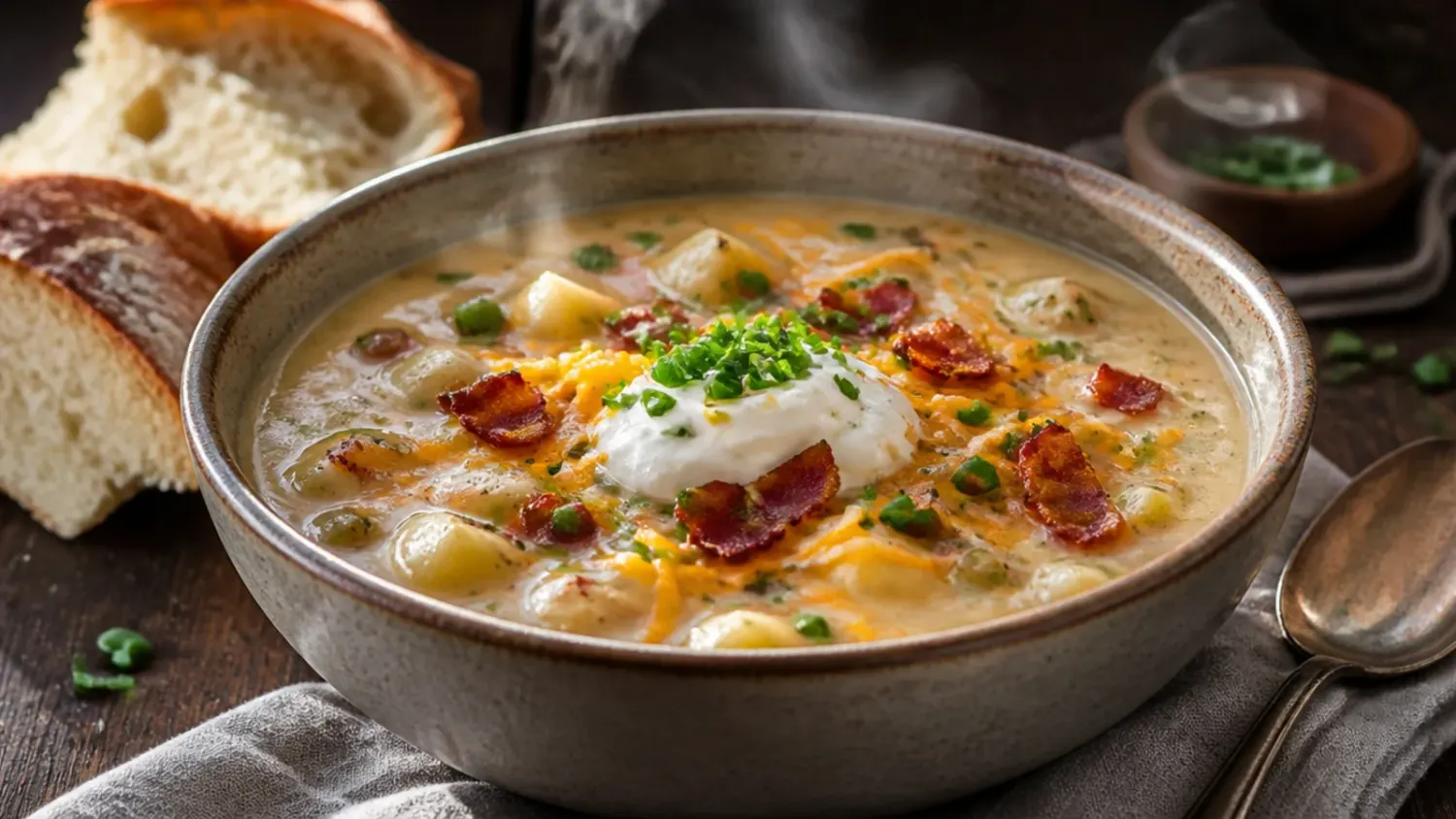A steaming bowl of loaded potato soup topped with crispy bacon, melted cheddar, soured cream and sliced spring onions
