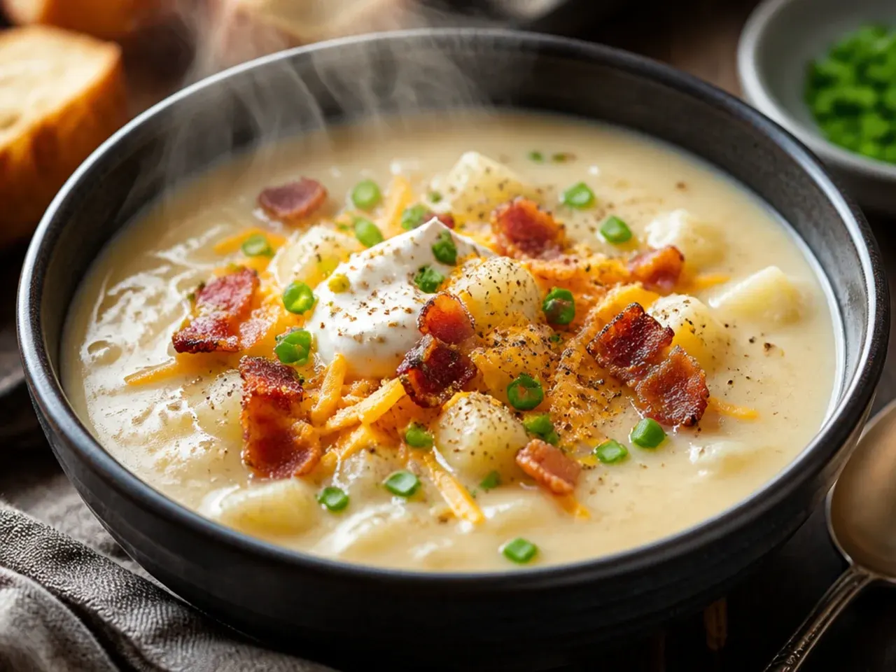 Overhead shot of a pot of creamy loaded potato soup being ladled into a bowl