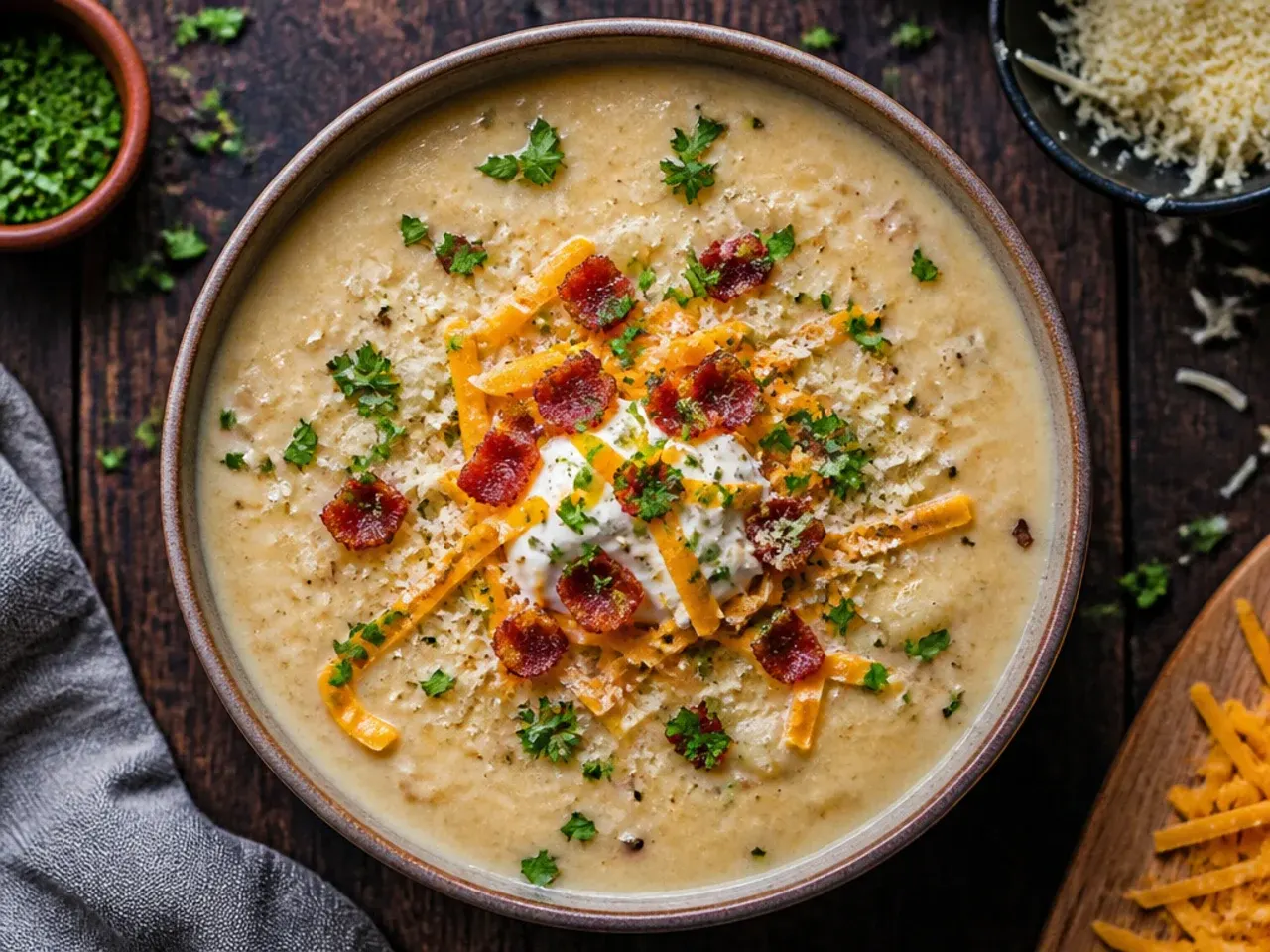 Bowl of classic loaded potato soup topped with bacon, cheddar and soured cream