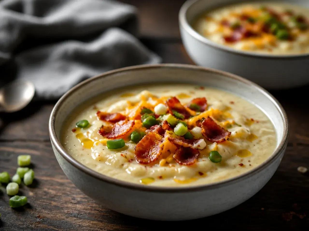 Quick one-pot loaded potato soup simmering on the stove