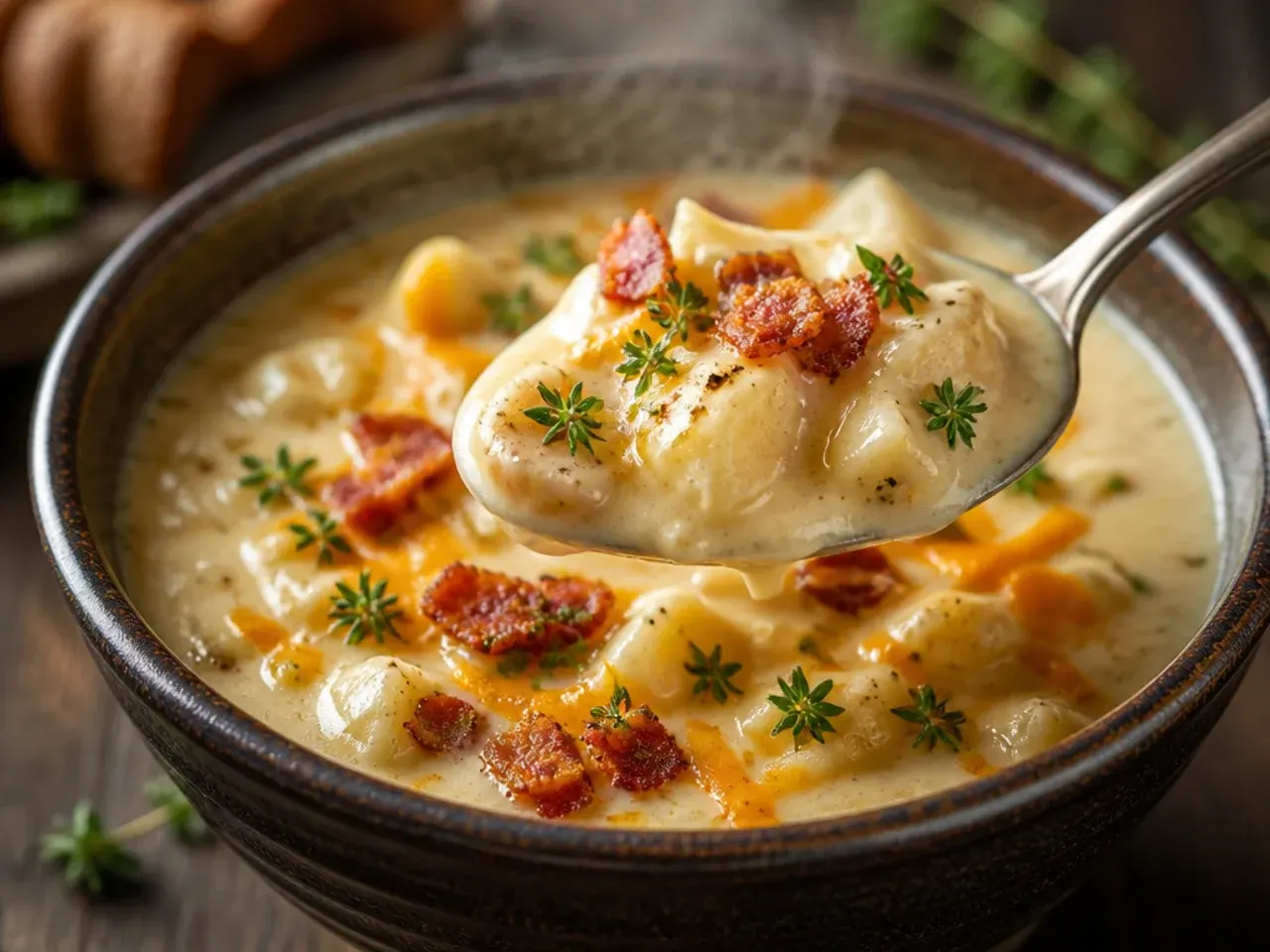 Deep bowl of hearty loaded potato soup with bacon, ham and sweetcorn