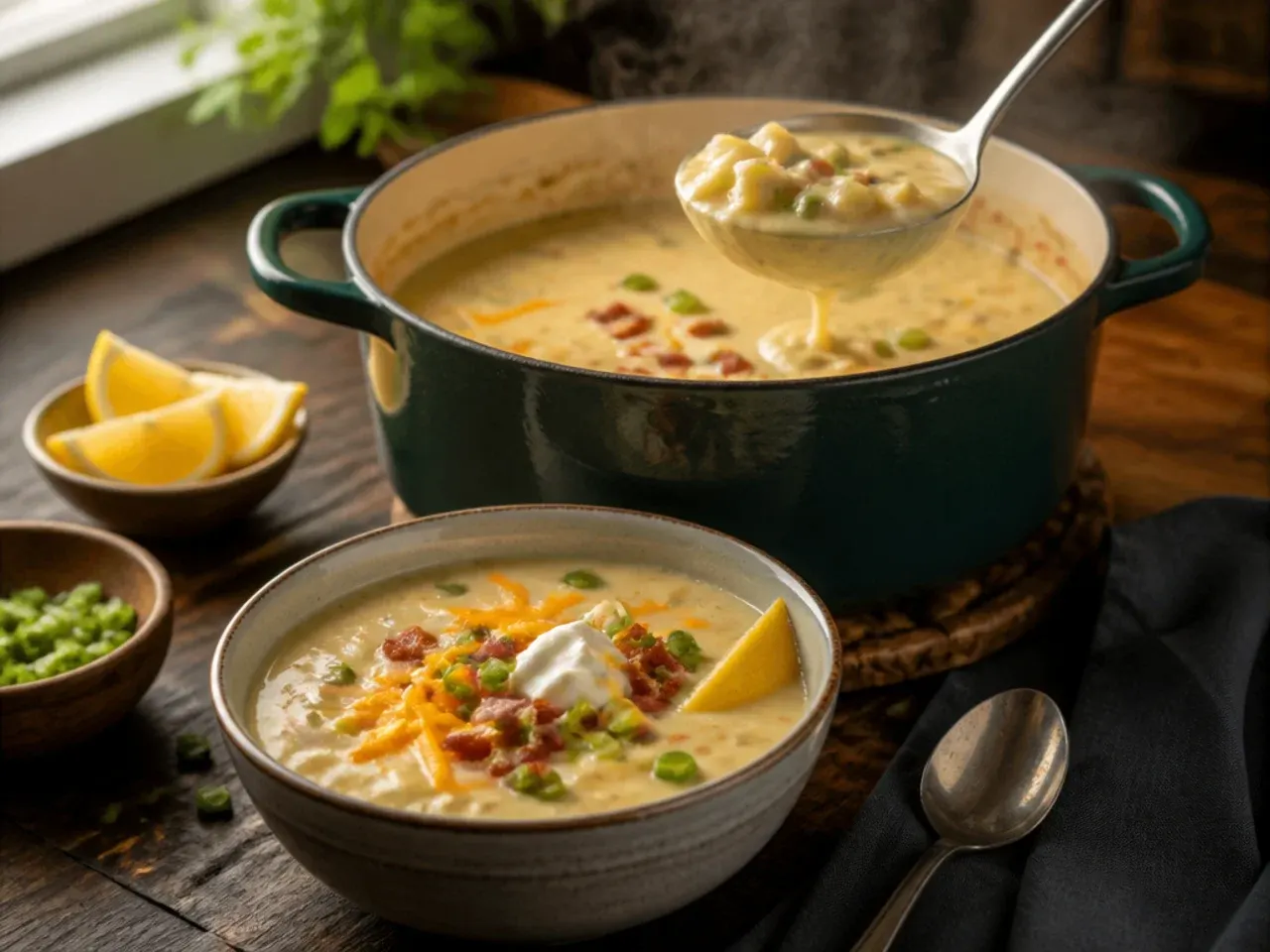 Steaming mug of cozy loaded potato soup on a wooden table with a blanket nearby