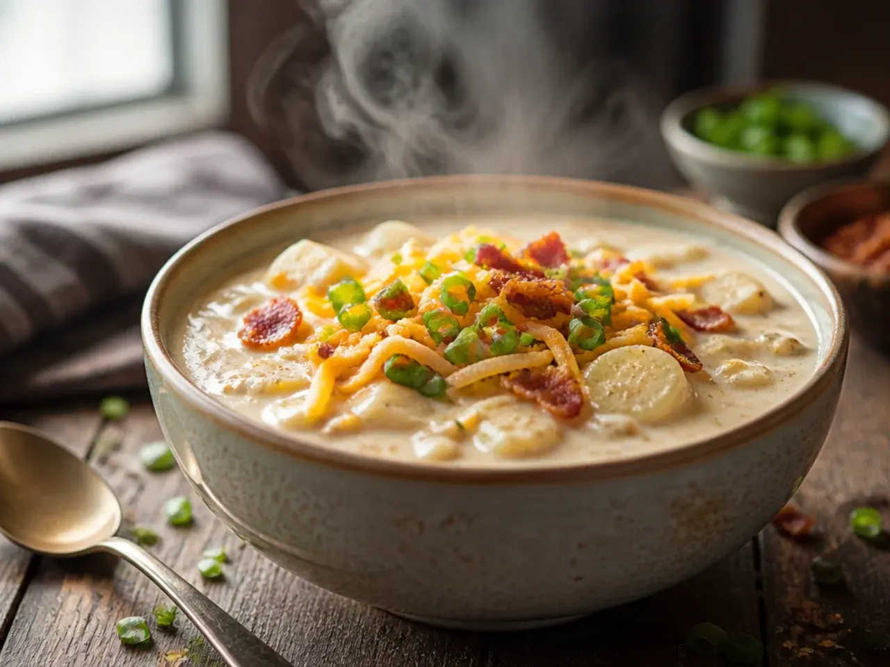 Close-up of ultra-creamy loaded potato soup swirled with cream