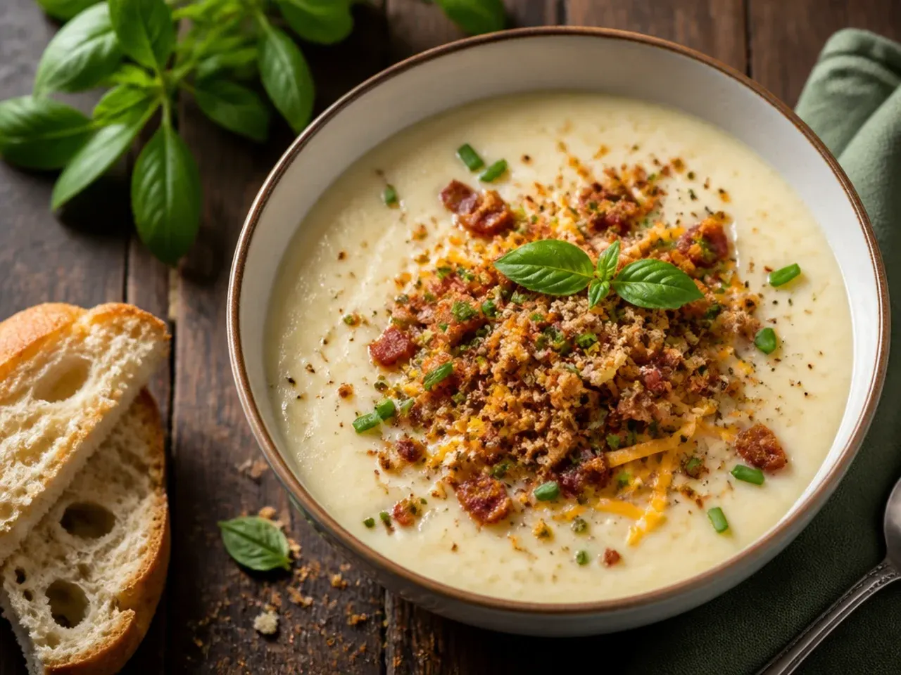 Simple bowl of loaded potato soup with minimal toppings