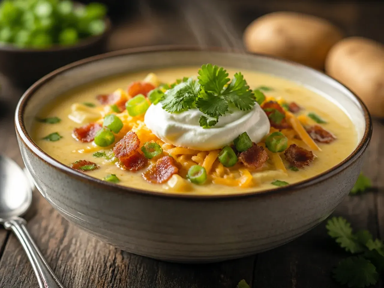 Extra cheesy loaded potato soup with a bubbling melted cheese topping