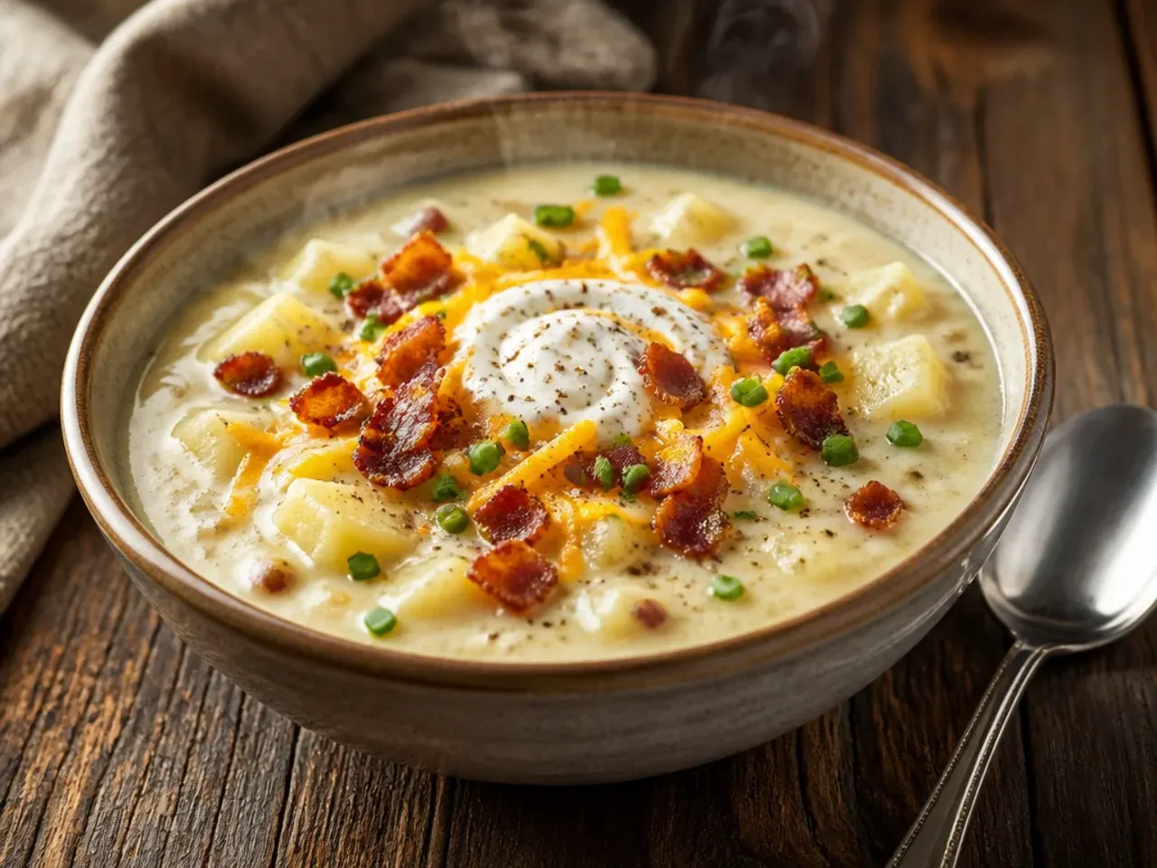 Comforting bowl of herby loaded potato soup with a sprig of thyme on top