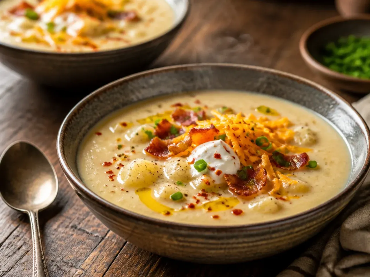 Fast weeknight loaded potato soup made with frozen diced potatoes