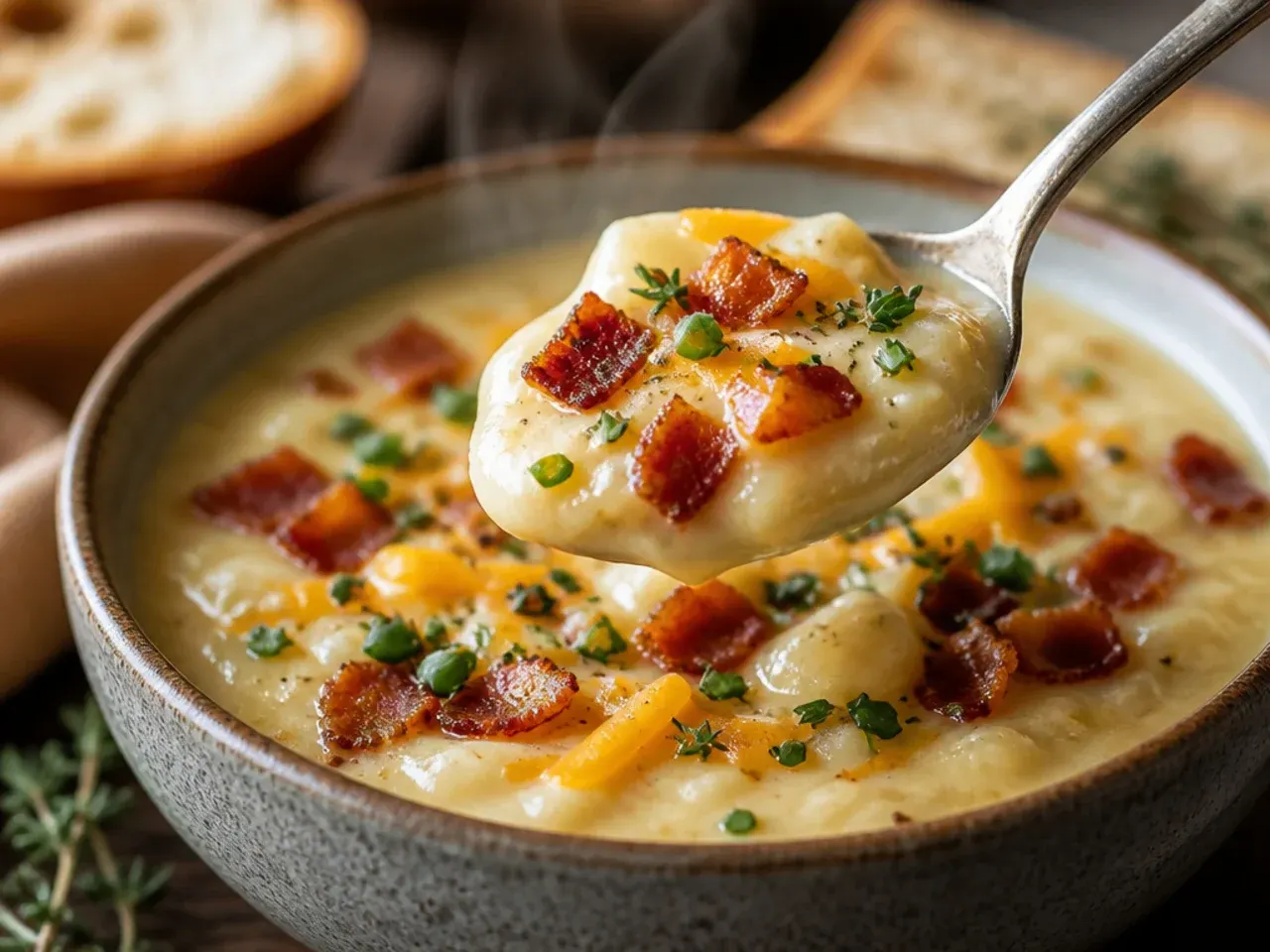 Rustic chunky loaded potato soup with skin-on potatoes in a cast iron pot