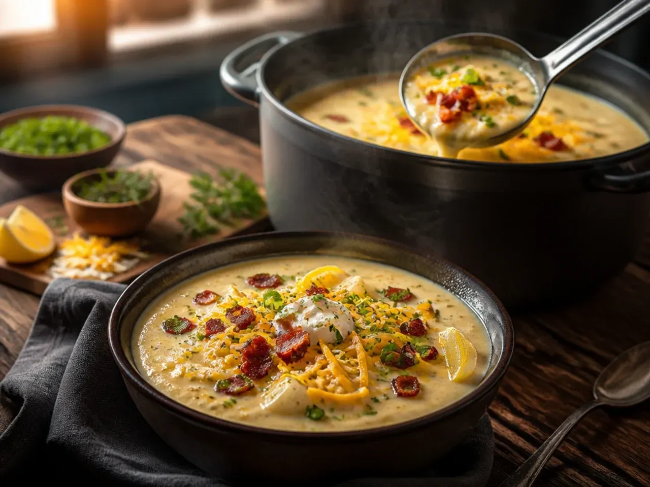 Loaded potato soup topping bar with bacon, cheese, chives and soured cream