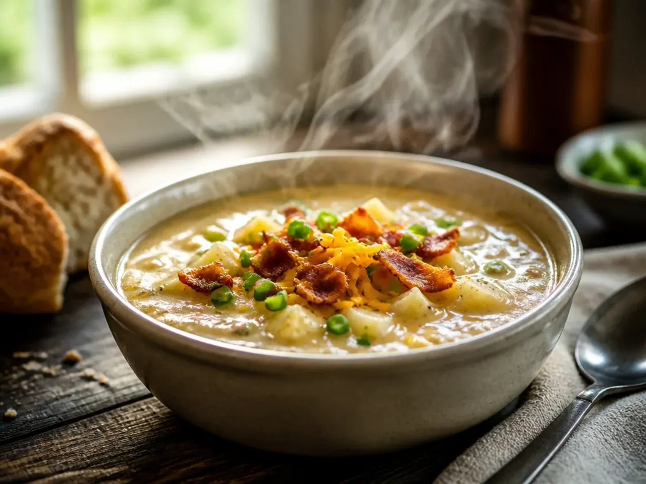Family-sized pot of mild loaded potato soup served in kids' bowls