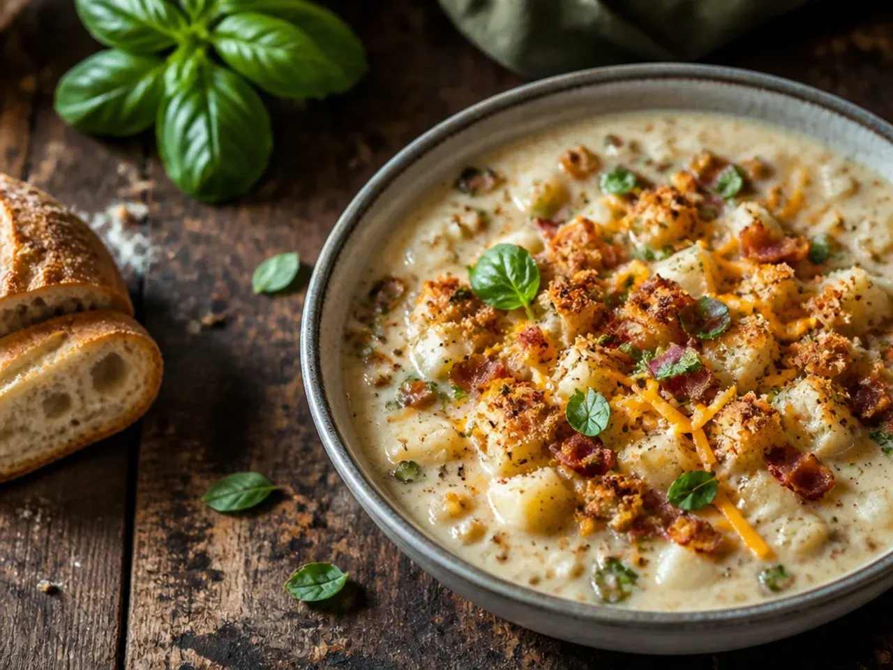 Best-ever loaded potato soup with a golden, bubbling broiled cheese top